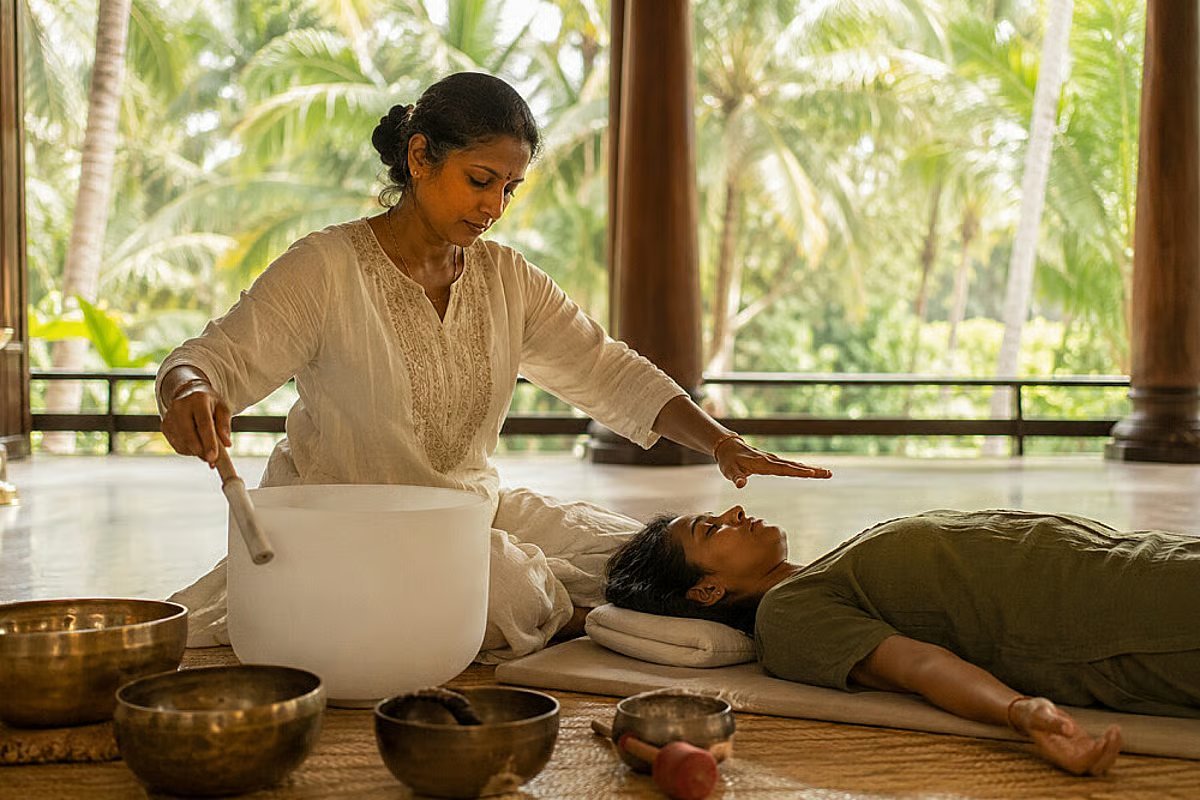 Sound bowl healing session in a tropical Kerala setting
