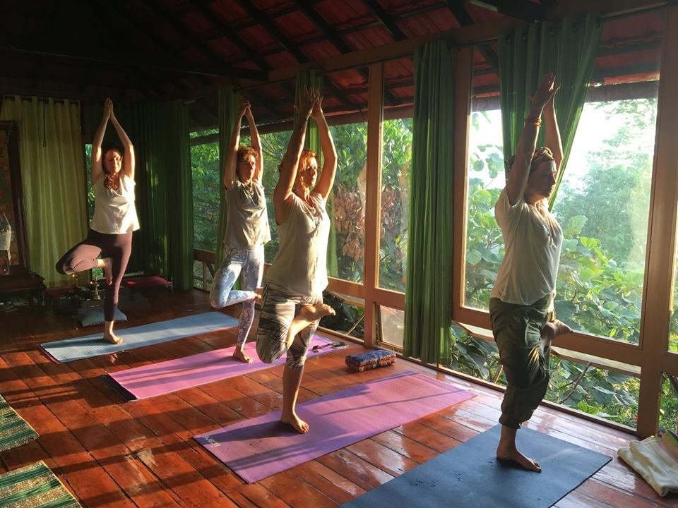 Group yoga session in tree pose on a wooden veranda in Kerala